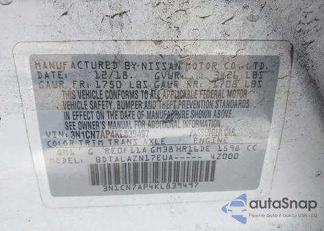 2019 Nissan Versa 1.6 S+ z USA, uszkodzony, nr VIN 3N1CN7AP4KL839497